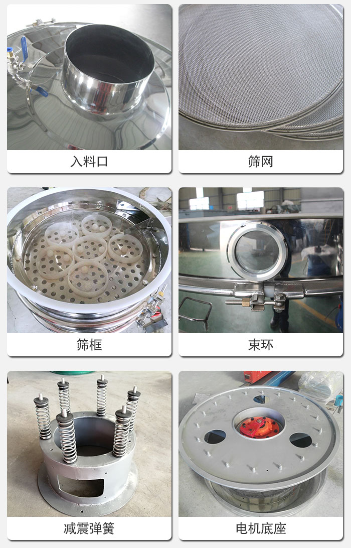 醫(yī)藥振動(dòng)篩有電機(jī)底座，減震彈簧，束環(huán)，篩框，入料口，篩網(wǎng)等部件展示。