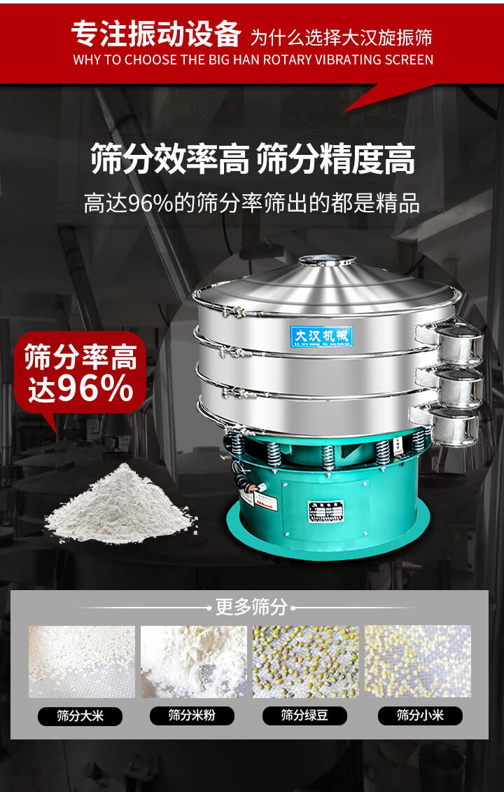 旋振篩結構：進料口，網(wǎng)架，防塵蓋，出料口，加重塊，束環(huán)，上部重錘，彈簧，下部重錘等。
